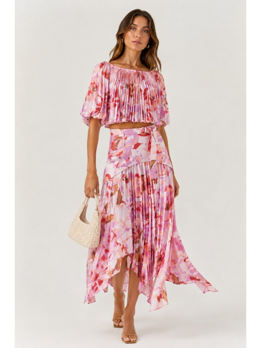 Acler Lothair Pink Floral Pleated Midi Skirt IN Peony Harvest
